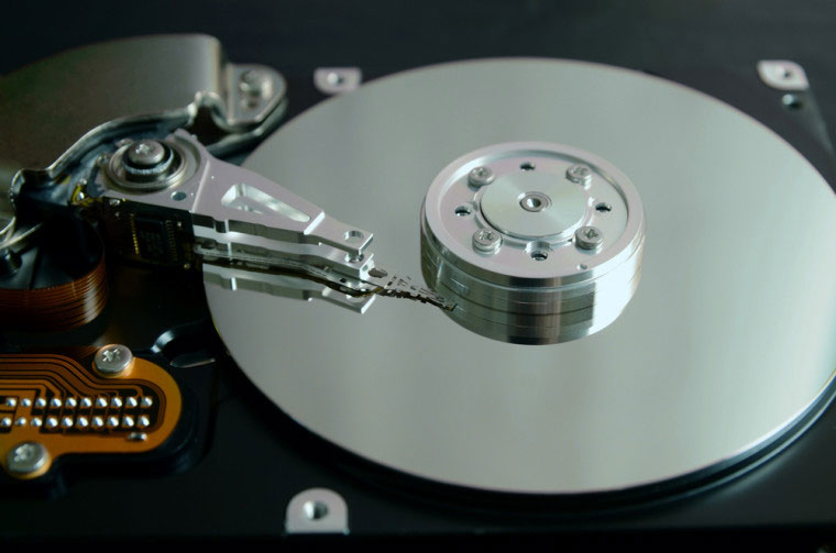 Closeup of an open computer hard drive